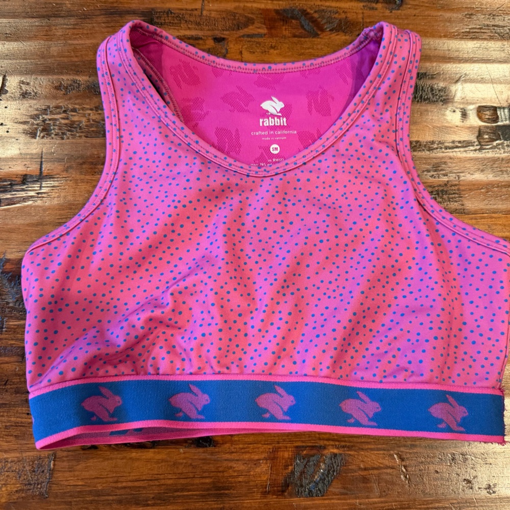 Rabbit Pink & Blue Polka Dot Sports Bra with phone pocket